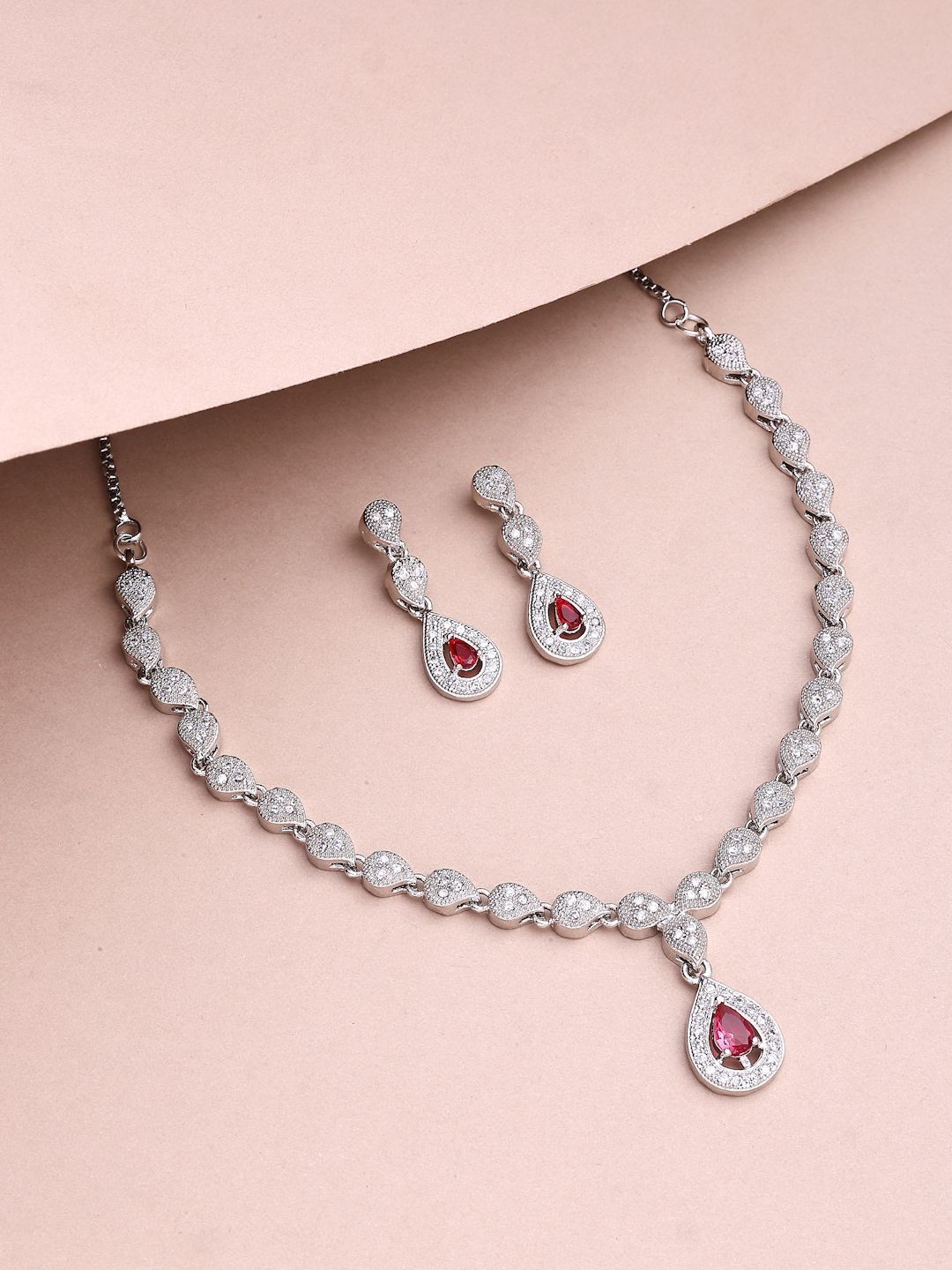 ZENEME Rhodium-Plated American Diamond-Studded Jewellery Set