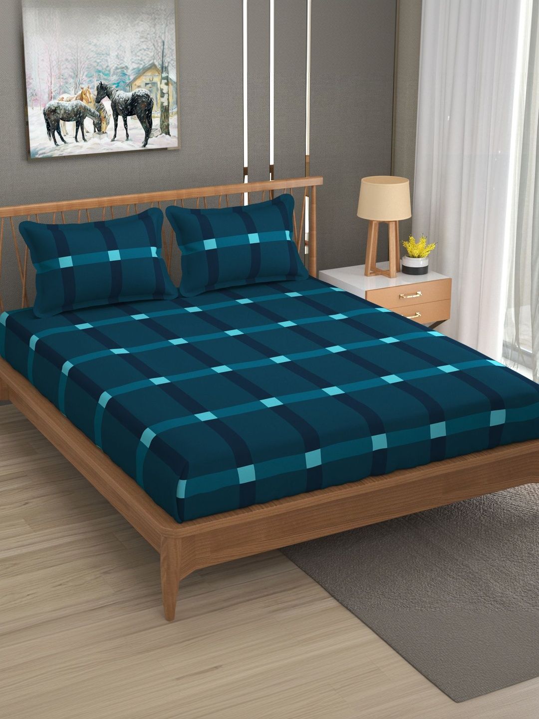 LA VERNE Blue Geometric Microfiber 110 TC Fitted Double Queen Bedsheet Set 2.28 m x 2.54 m