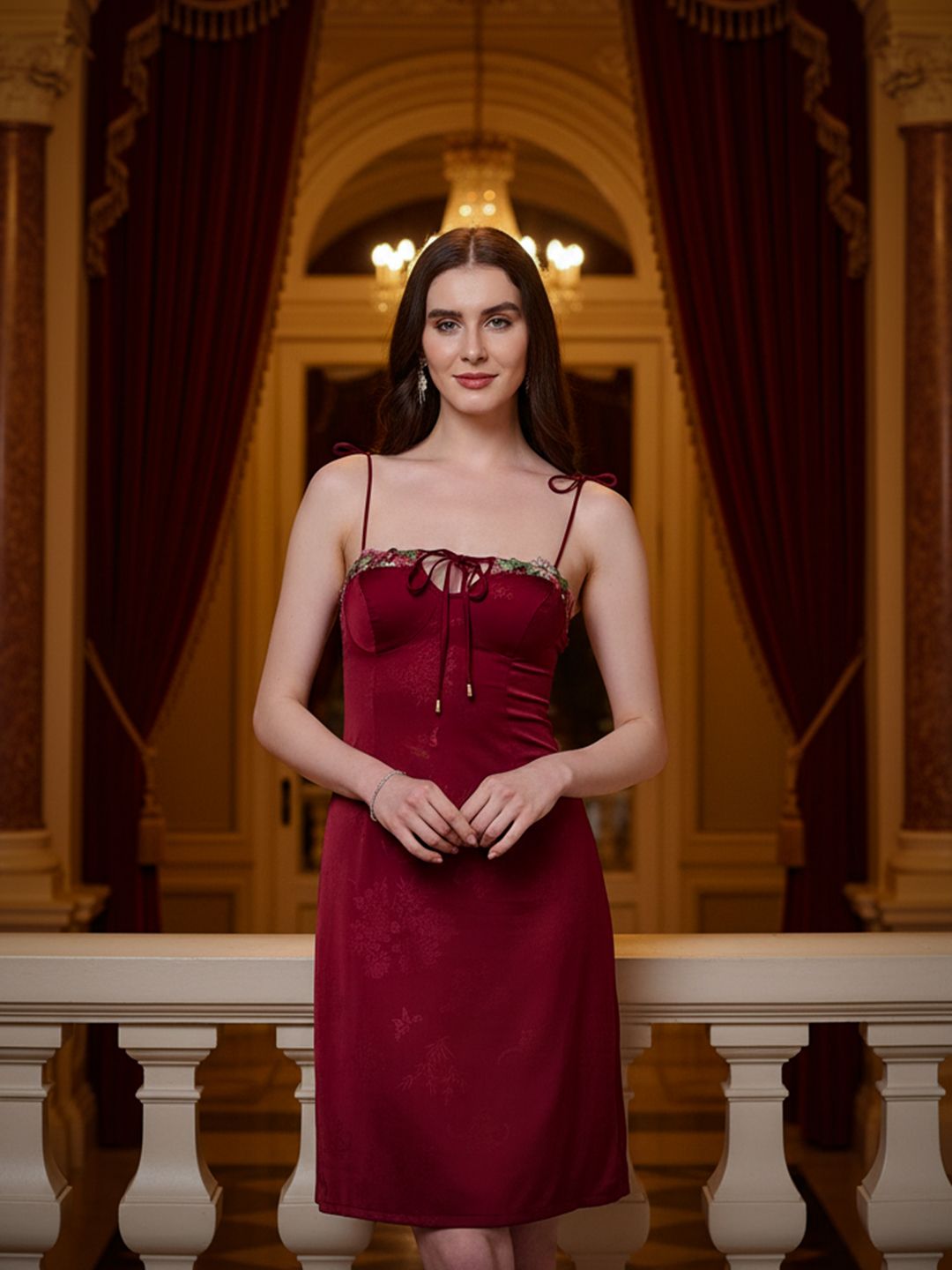 bebe Shoulder Straps Self Design with Applique Detailing A-line Dress