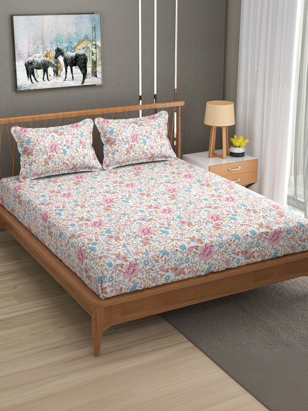 LA VERNE White Floral Microfiber 110 TC Fitted Double Queen Bedsheet Set 2.28 m x 2.54 m