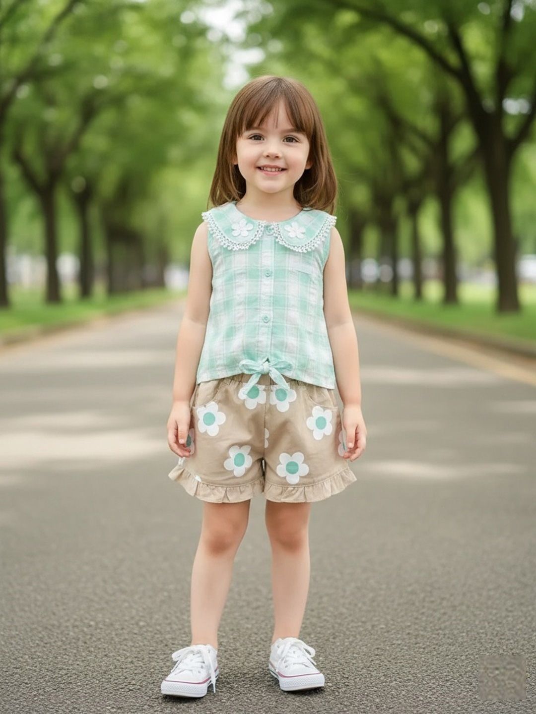 KIKO Girls Checked Pure Cotton Top with Shorts