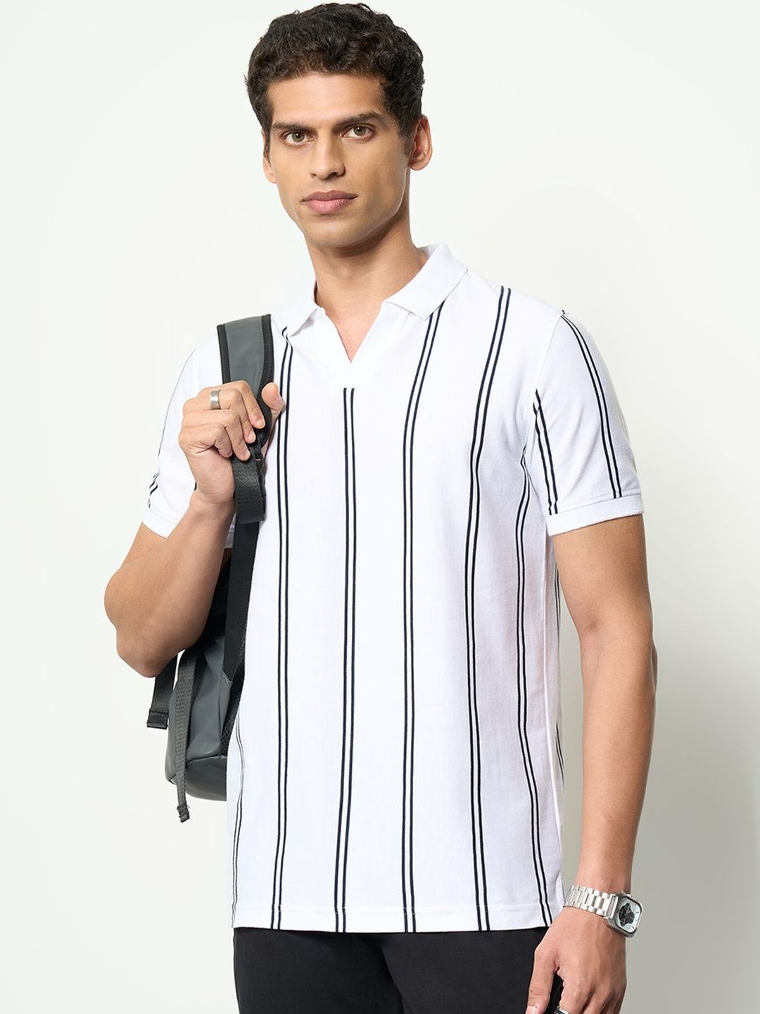 Peregrine by Pantaloons Men Striped Polo Collar Slim Fit T-shirt