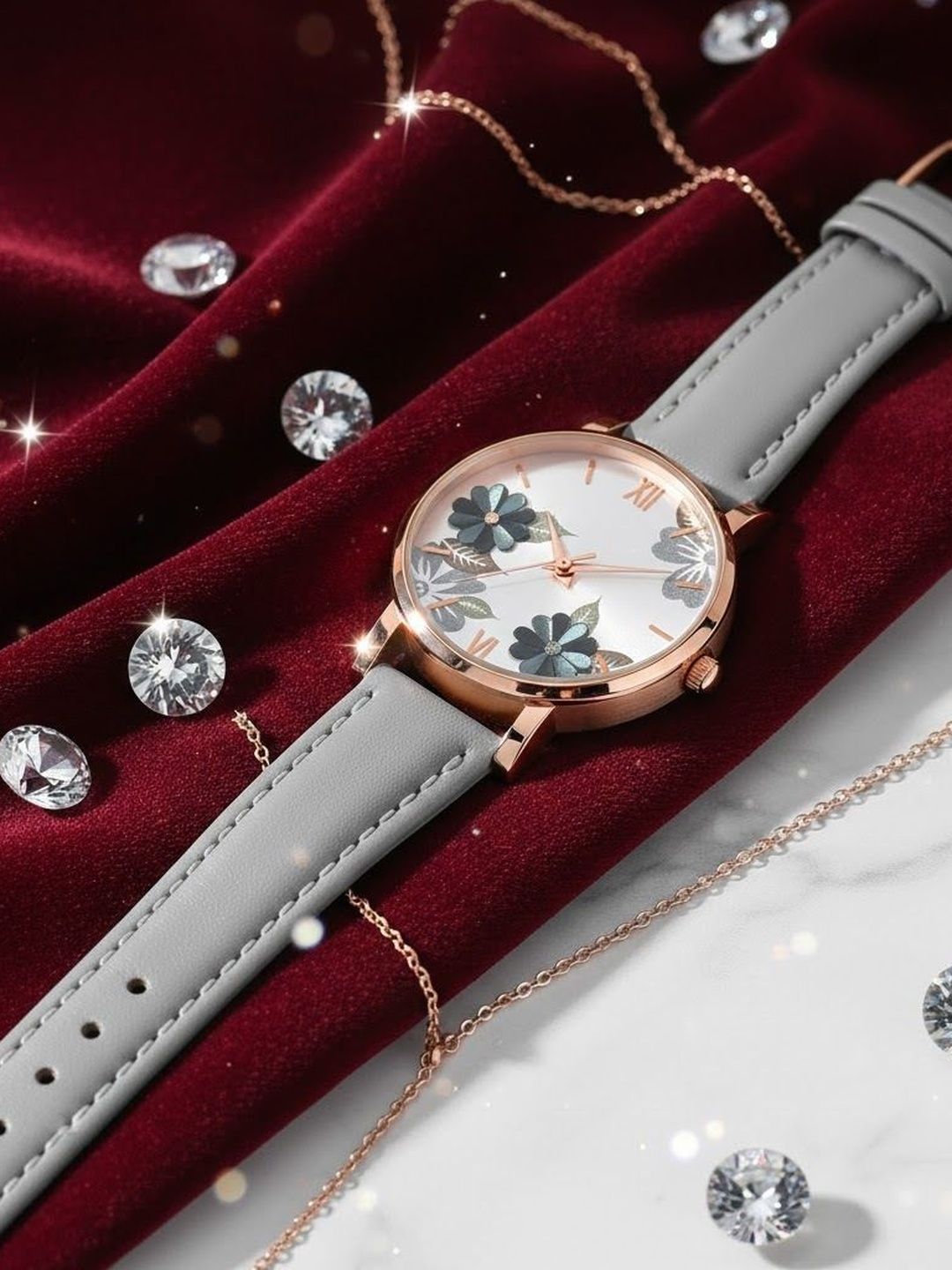 Moover Women Embellished Dial & Leather Bracelet Style Straps Analogue Automatic Watch FLWRltr-GREY-j1
