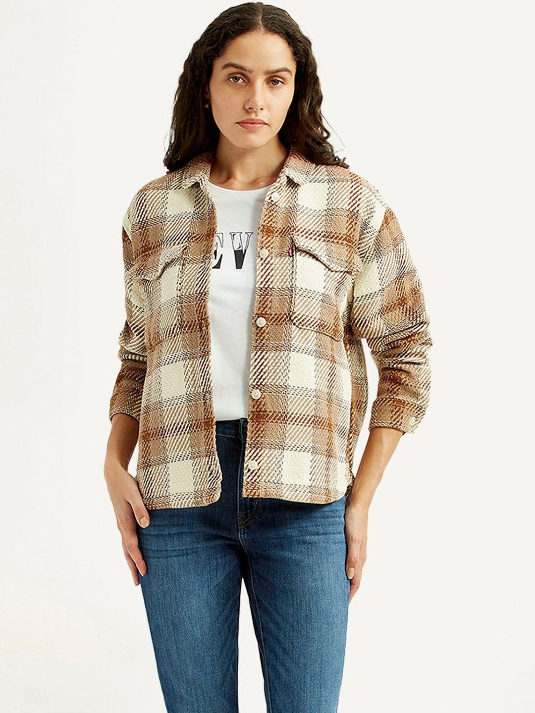 Levis Women's Plaid Light Brown Slim Fit Shirt