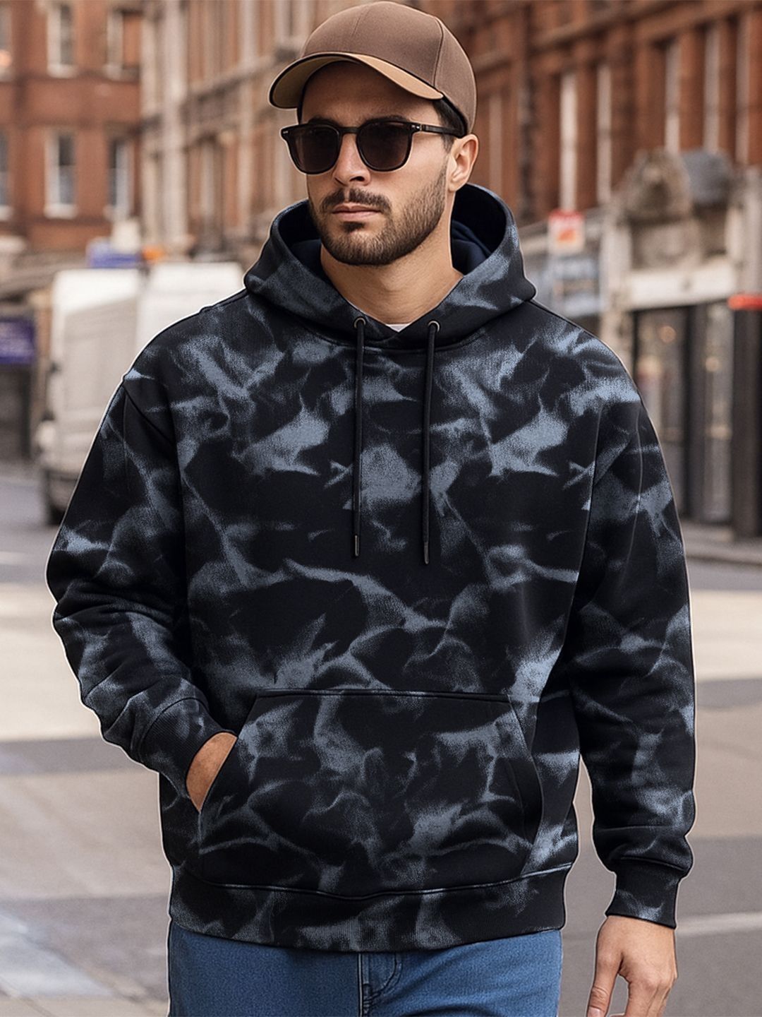 Bewakoof Men's Black Tie & Dye Oversized Hoodies