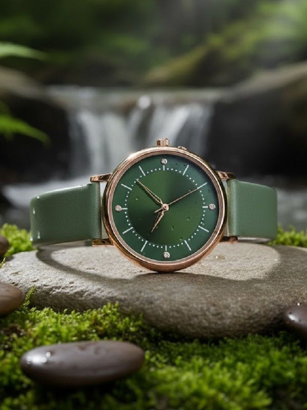 Moover Women Embellished Dial & Leather Straps Analogue Watch LINEdial-GREEN-j1