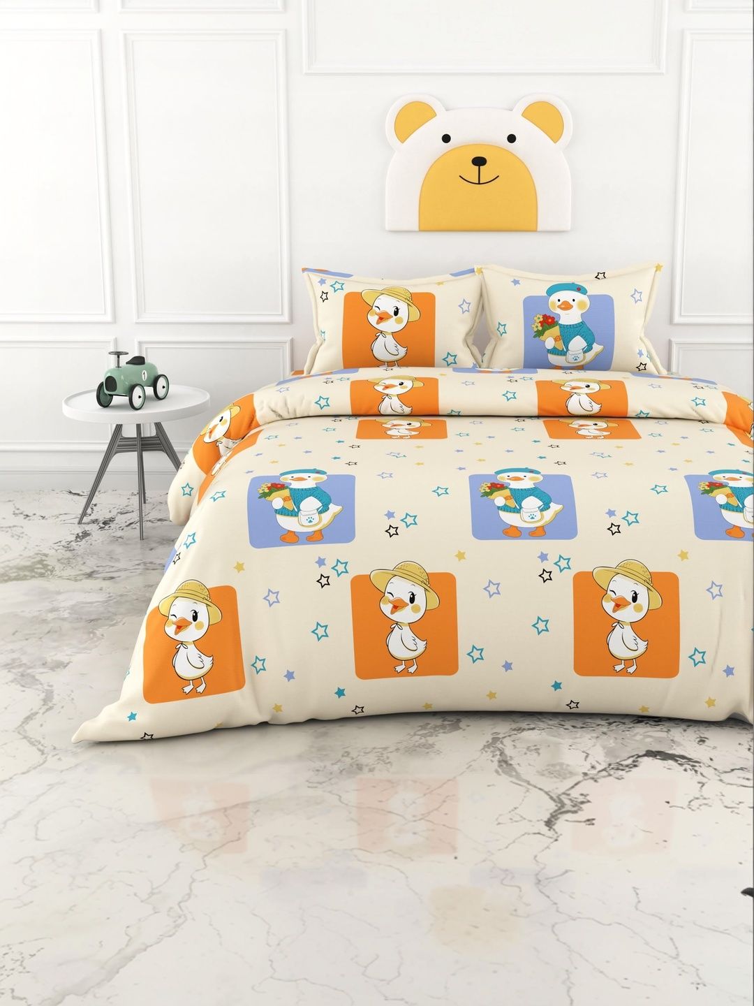 LORETO Cream-Coloured Cartoon Characters 186 TC Bedsheet with 2 Pillow Covers