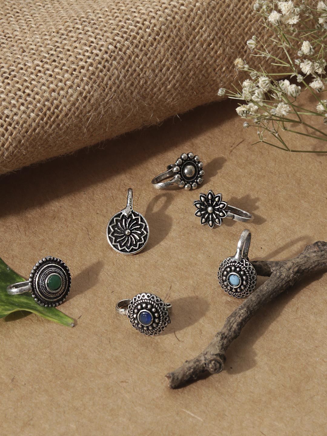 Buy Fida Set Of 6 Silver Plated & Green Oxidised Nose Pins -  - Accessories for Women