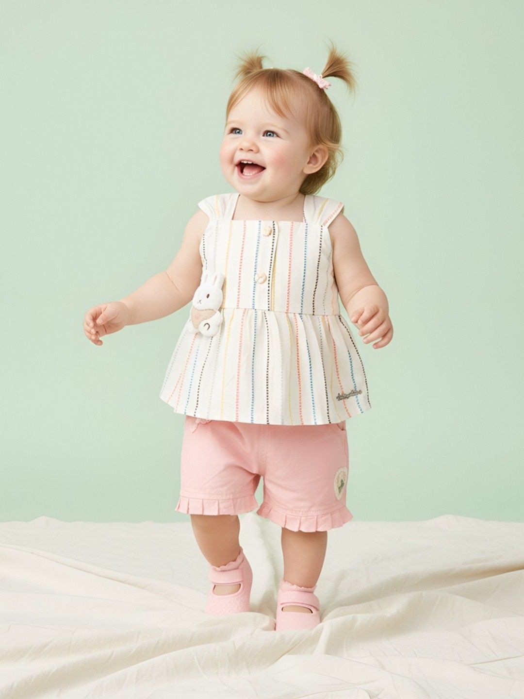 Babys Day Girls Striped Shoulder Strap Neck Sleeveless Pure Cotton Top With Shorts