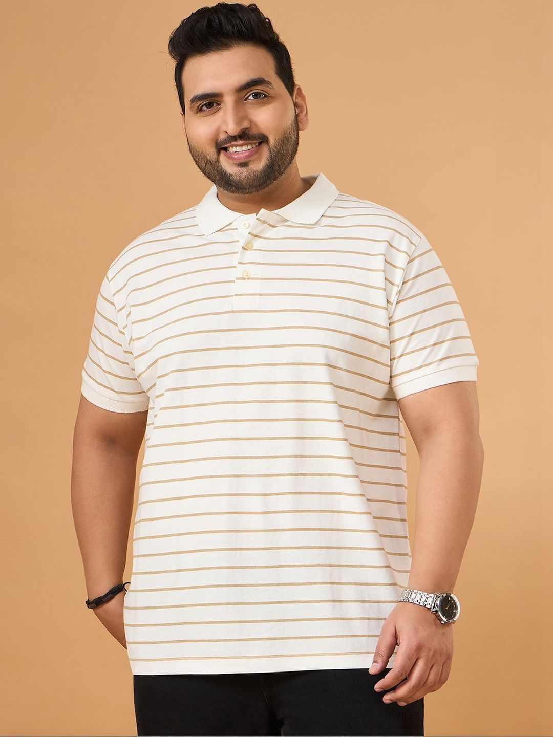 bigbanana Men Plus Size Striped Polo Collar Pockets T-shirt