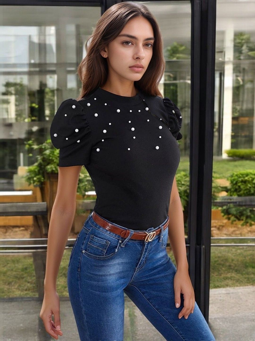 ZEUGEN Black Embellished Puff Sleeve Top