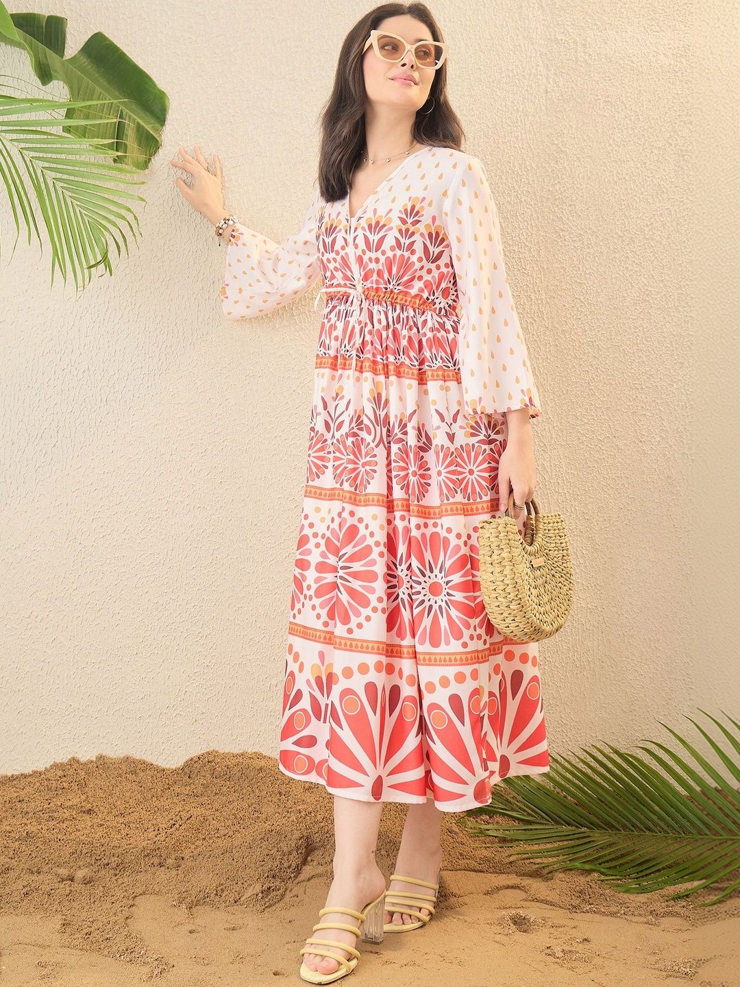 OCTICS Floral Print A-Line Midi Dress