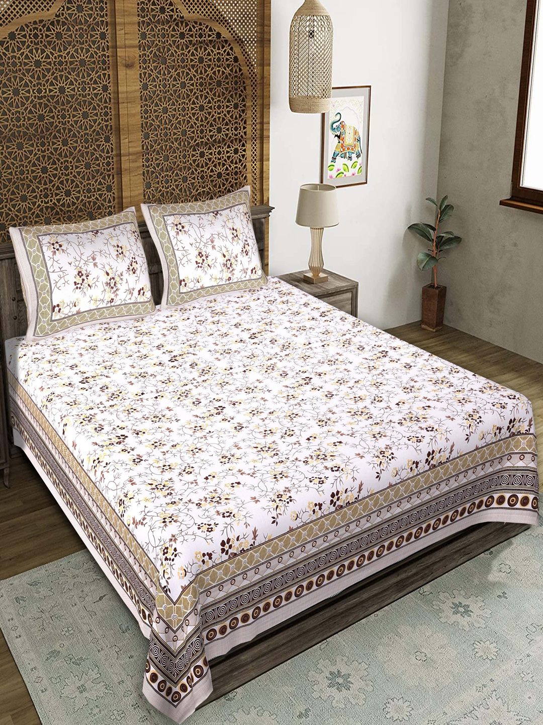 JEEVAT Off White Floral 220 TC King Bedsheet with 2 Pillow Covers
