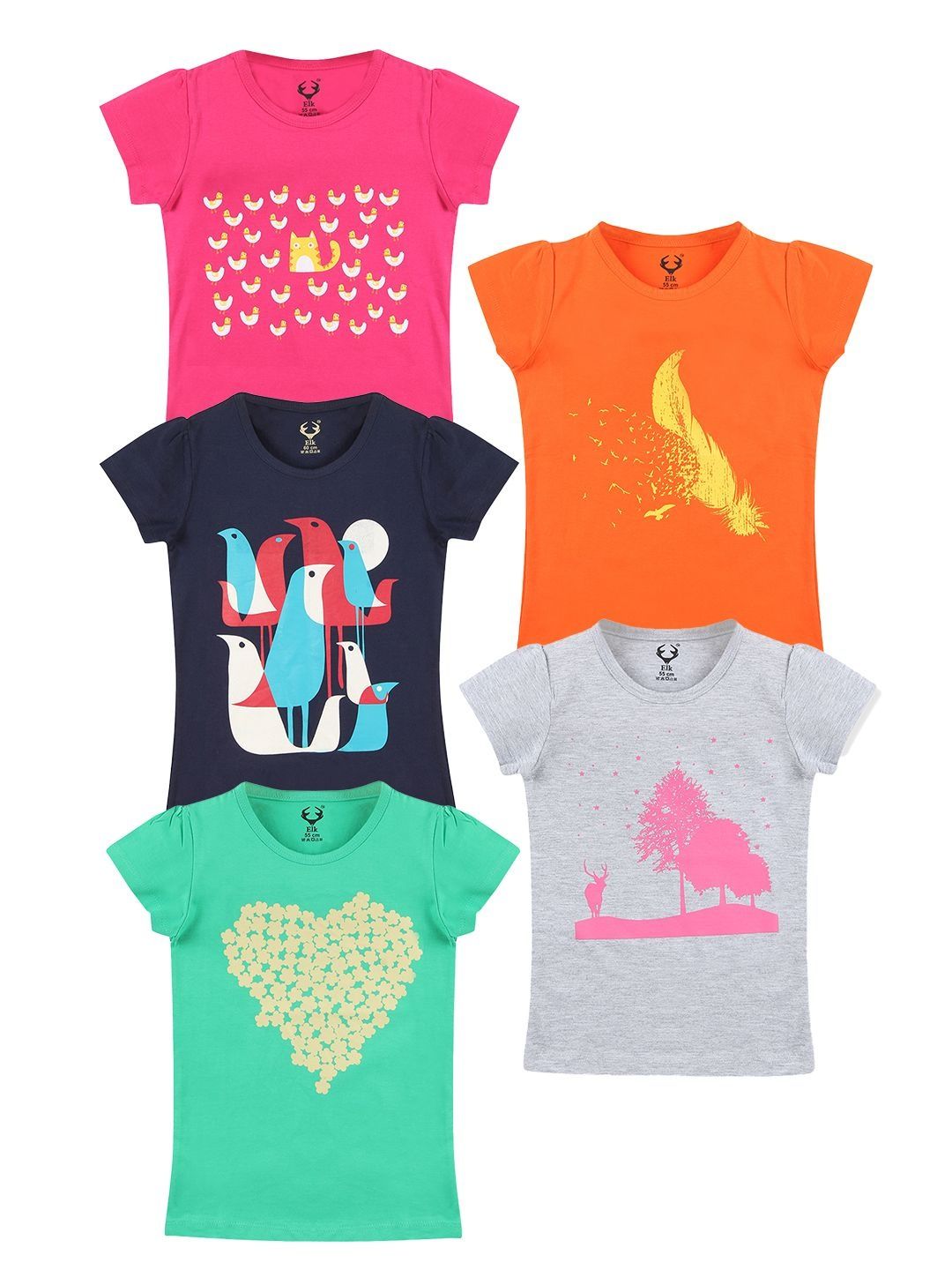 ONCH Girls Pack of 5 Printed Cotton Round Neck Tshirts