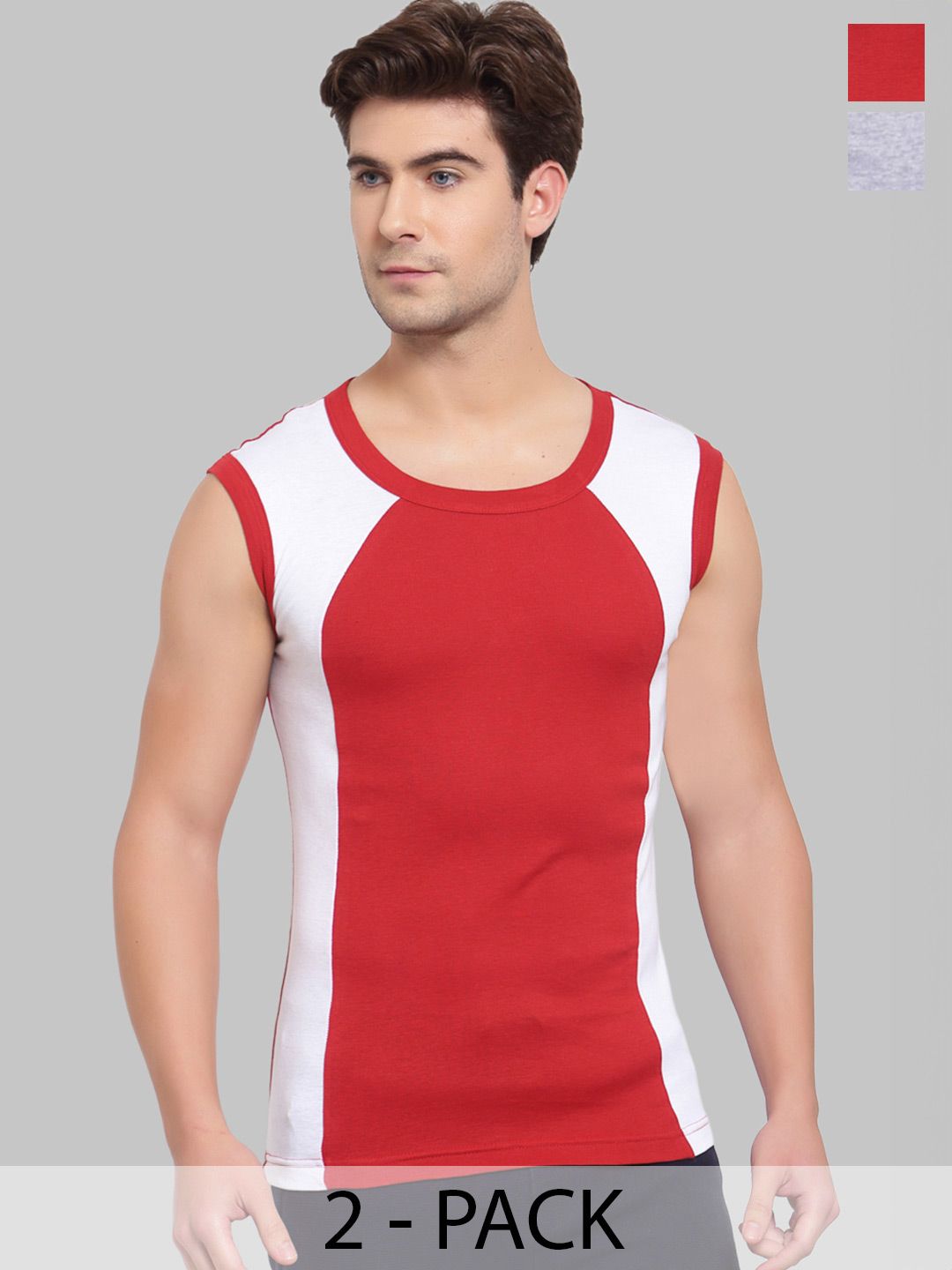 MACHO Sporto Pack Of 2 Colour-Blocked Cotton Broad Shoulder Assorted Gym Vests