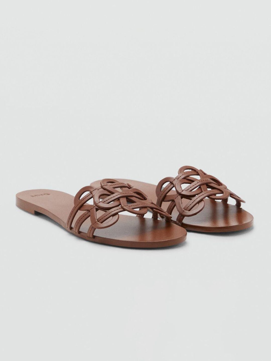 MANGO Women Floral Self Design Leather Open Toe Flats