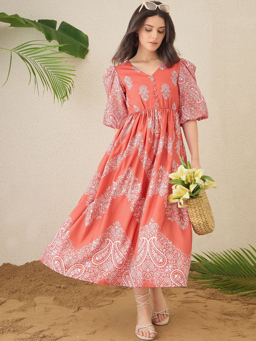 OCTICS Print Puff Sleeve A-Line Midi Dress