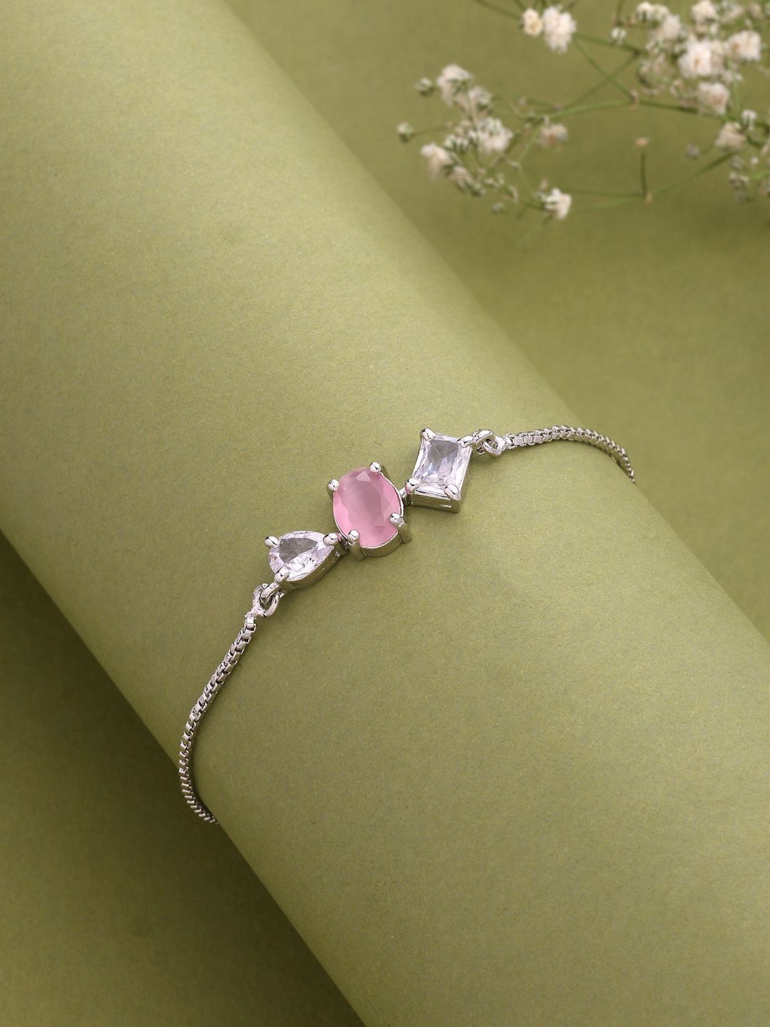 ZENEME Women Pink Rhodium Plated American Diamond Studded Wraparound Bracelet