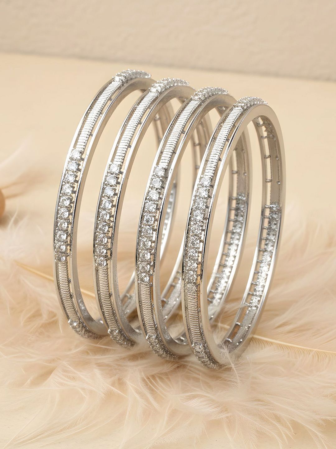 KARATCART Set Of 4 Silver-Plated AD-Studded Bangles