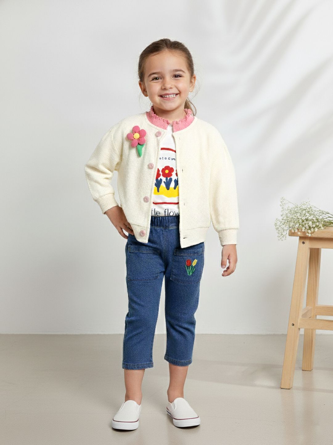 YK Girls Floral Pure Cotton Clothing Set with Cardigan