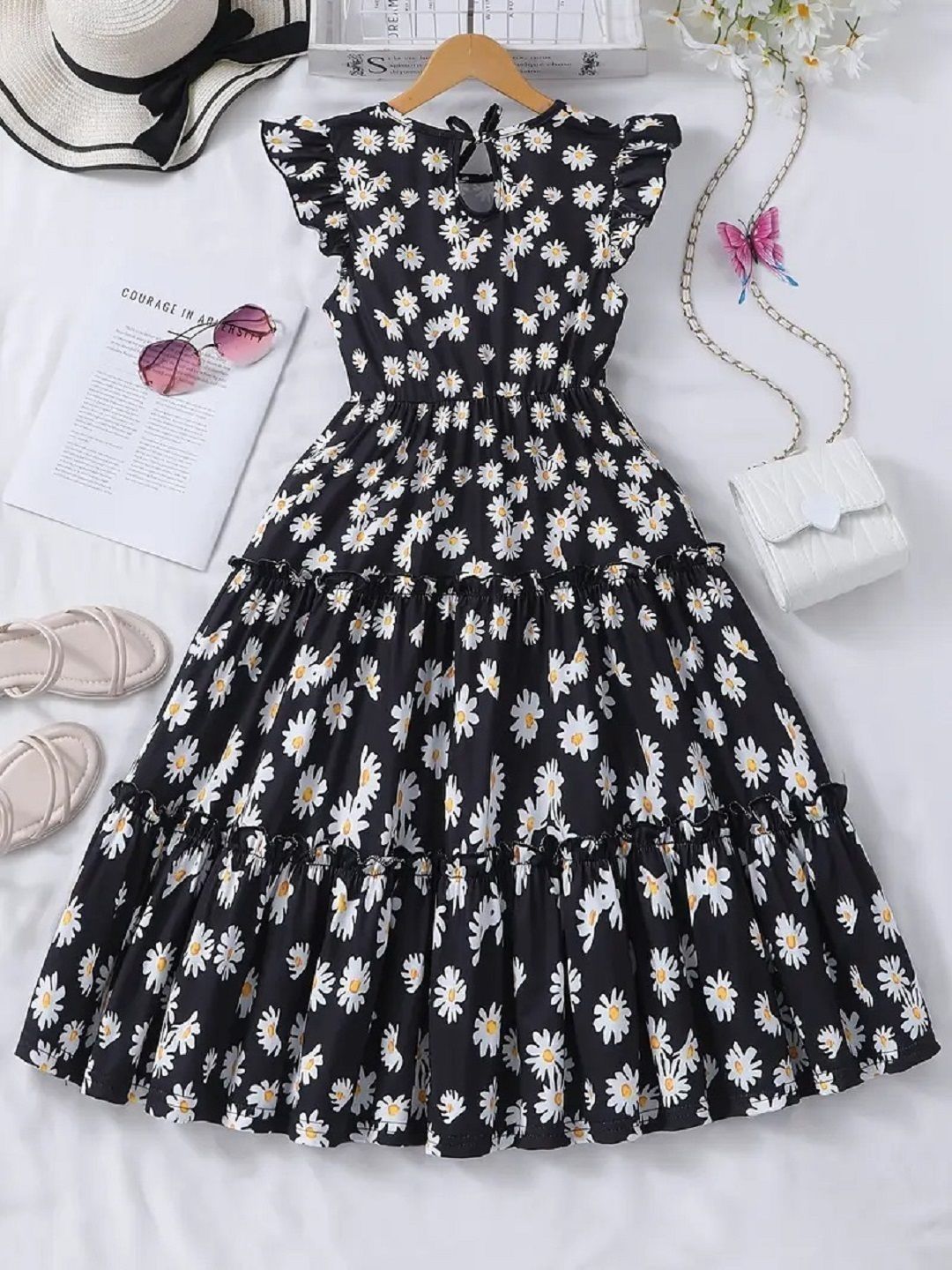 YK Print Flutter Sleeve Fit & Flare Maxi Dress