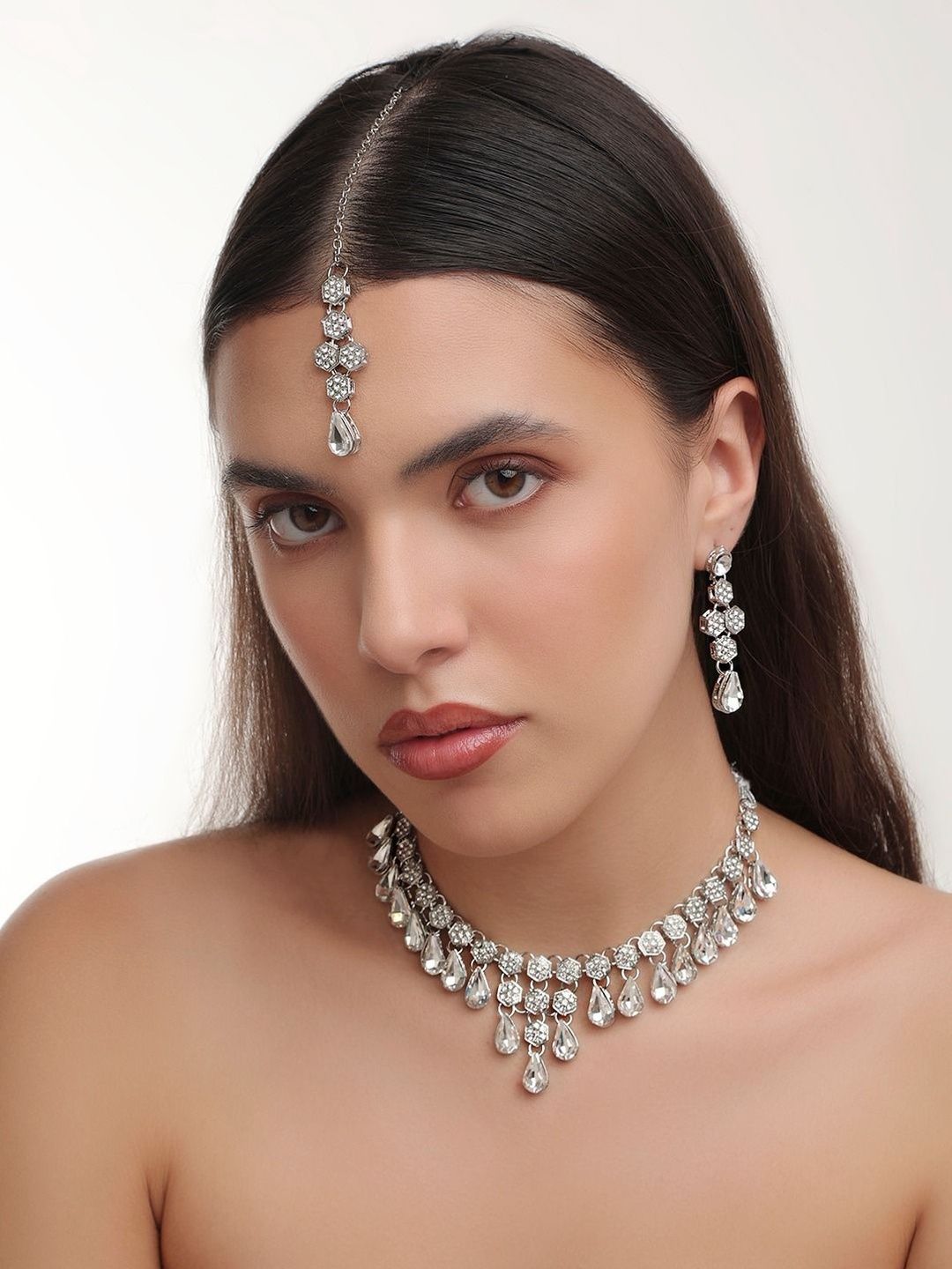 QUEENS NECK Silver-Plated Crystal-Studded Jewellery Set