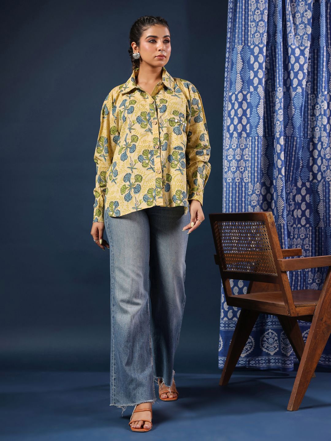Taavi Women Comfort Fit Floral Printed Spread Collar Cotton Casual Shirt