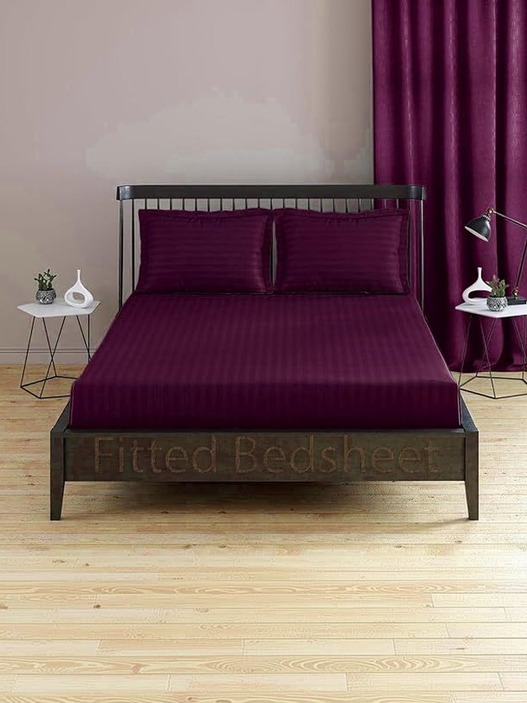 LUZDECOR Maroon & Purple Striped King Bedsheet with 2 Pillow Covers