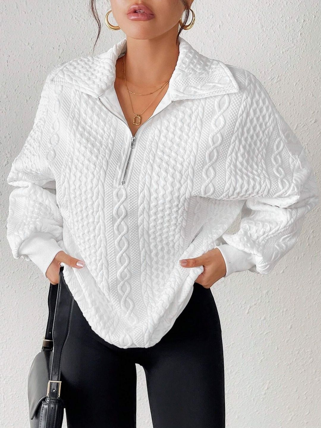 Stylecast X Slyck Women Solid Textured Half Zip Sweatshirt