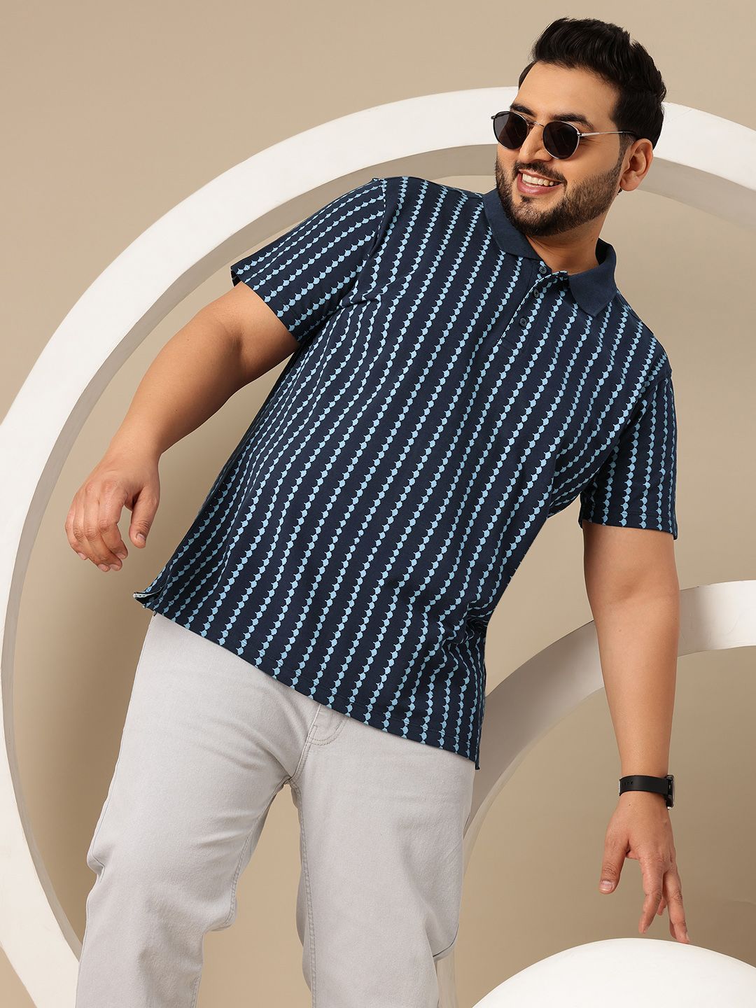 Sztori Plus Size Striped Polo Collar Pure Cotton T-shirt