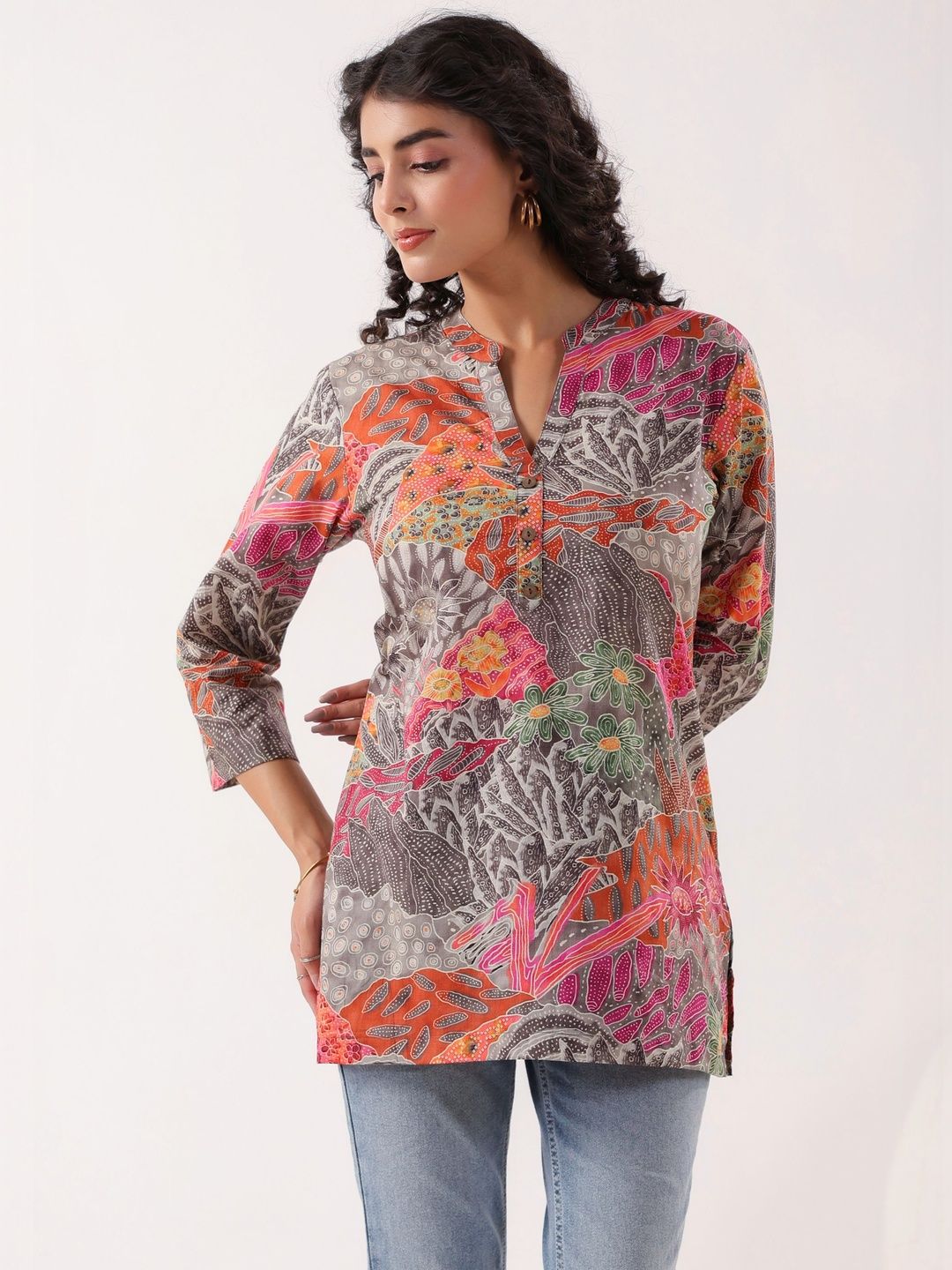 JISORA Multicoloured Floral Mandarin Collar Roll-Up Sleeves Top