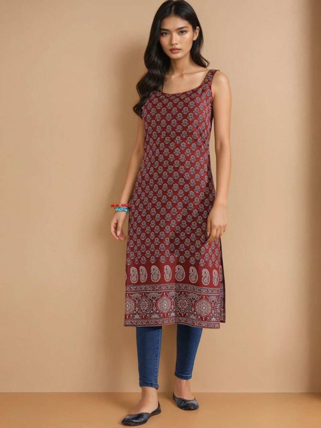 GULMEHAK Floral Printed Round Neck Pure Cotton Straight Kurta