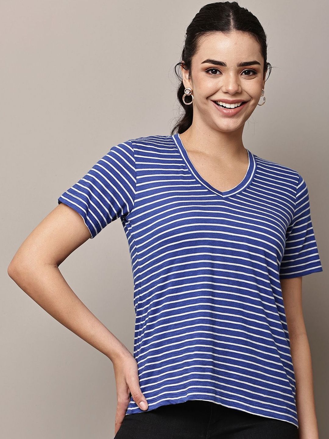 BEGUMPAN Women Striped V-Neck T-shirt