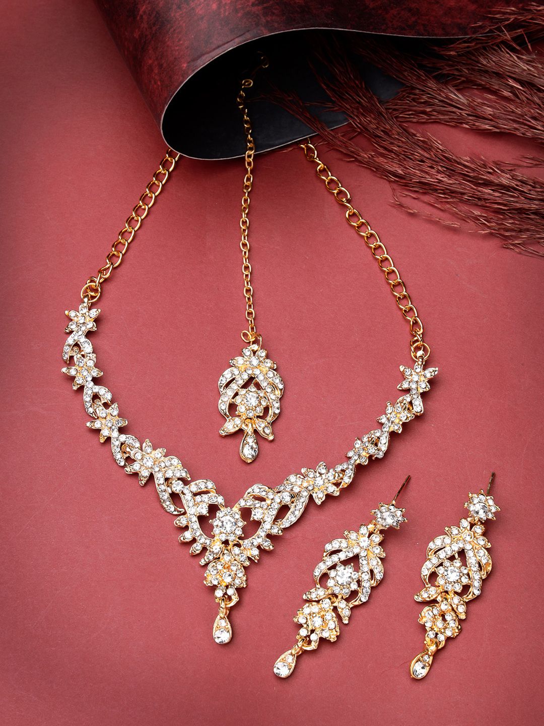 Sukkhi Gold-Plated AD-Studded Necklace & Earrings With Maang Tika