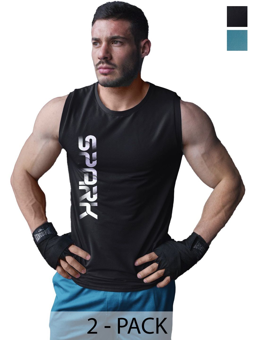 3Colors Men Pack Of 2 Printed Round Neck Sleeveless Innerwear Gym Vests with Dri-FIT