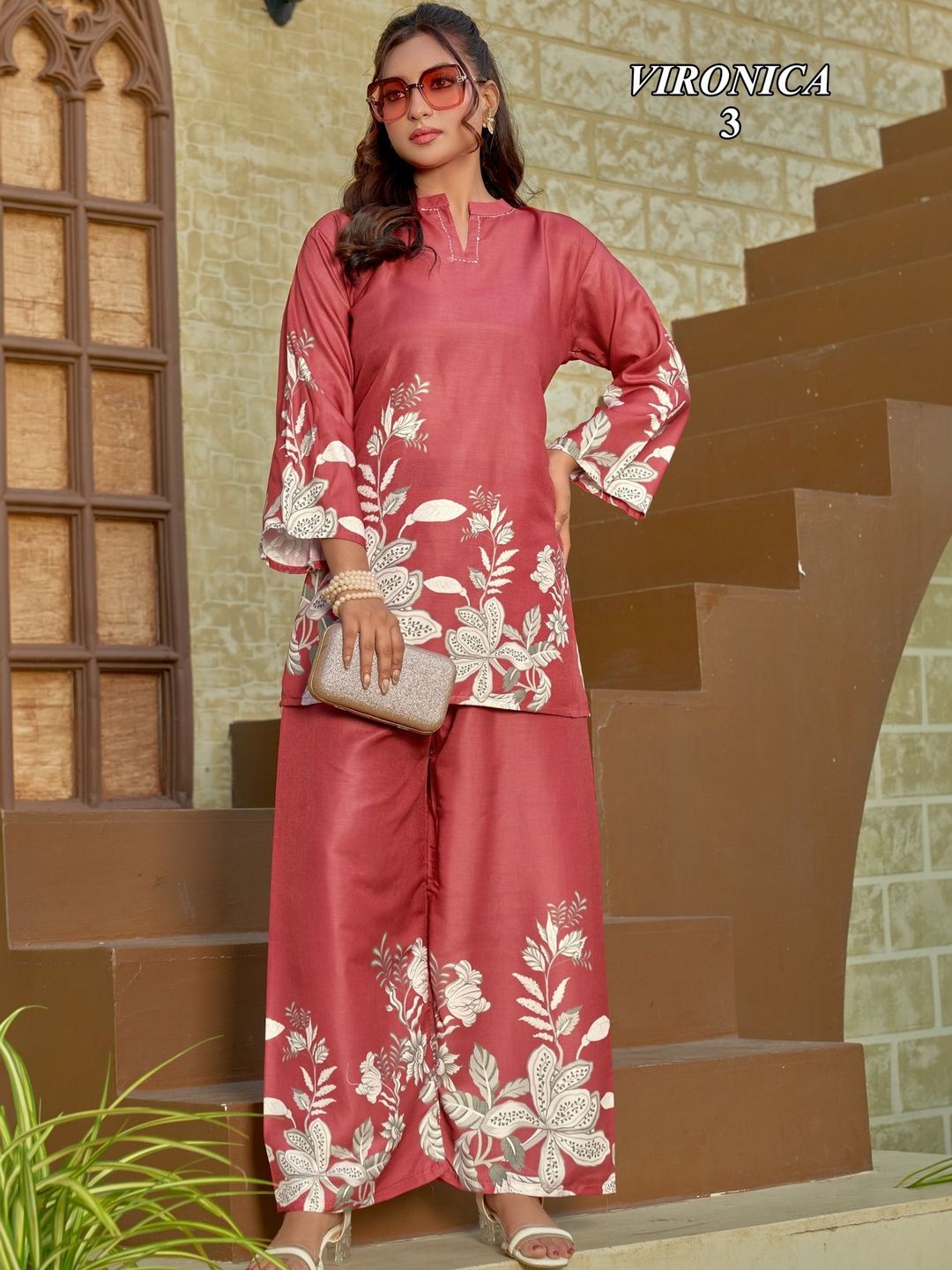 Buy ROSHNI Women Floral Printed Mandarin Collar Viscose Rayon Tunic With Palazzos -  - Apparel for Women