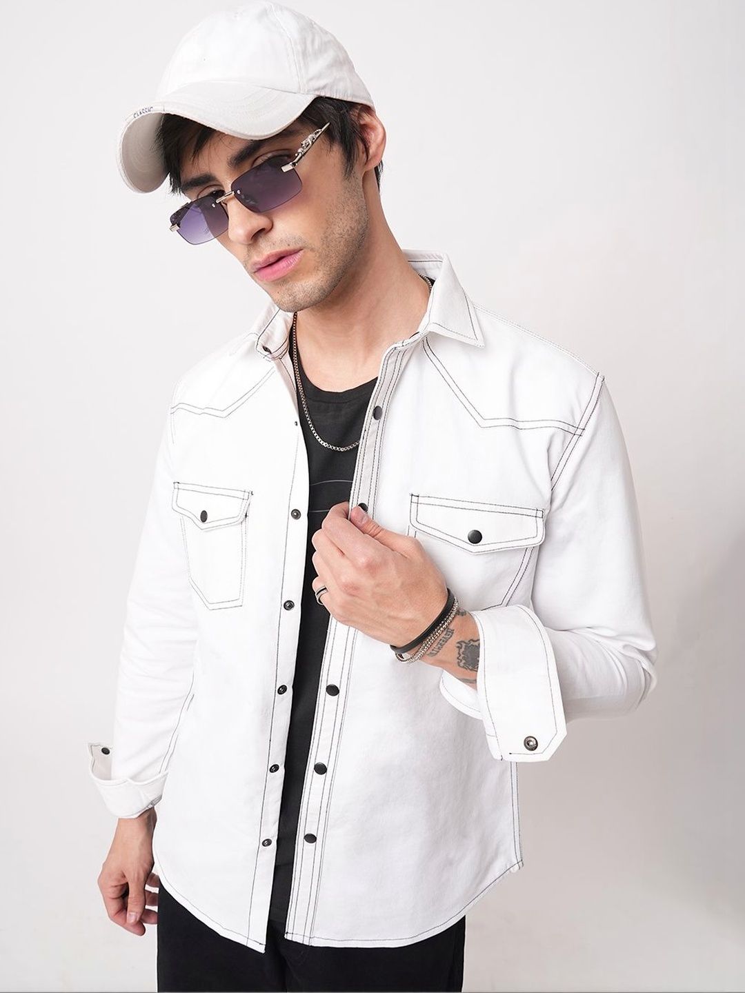 VASTRADO Men Solid White Double Flap Pocket Shirt