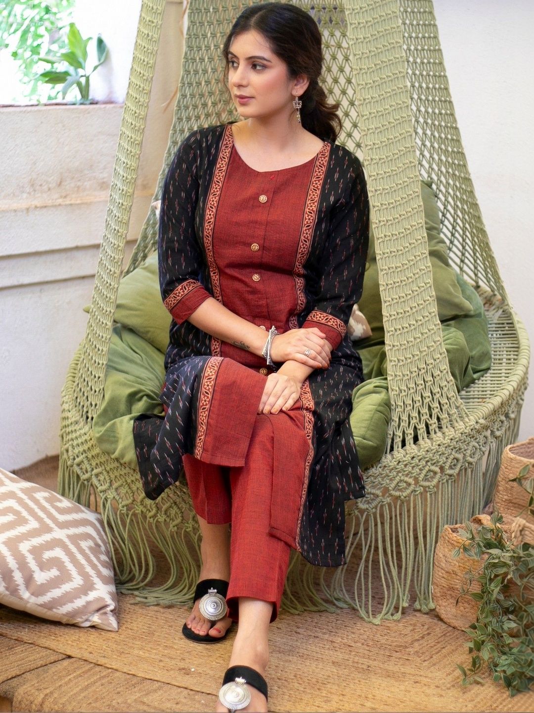 SUJATRA Women Striped Keyhole Neck Flared Sleeves Sequinned Anarkali Kurta