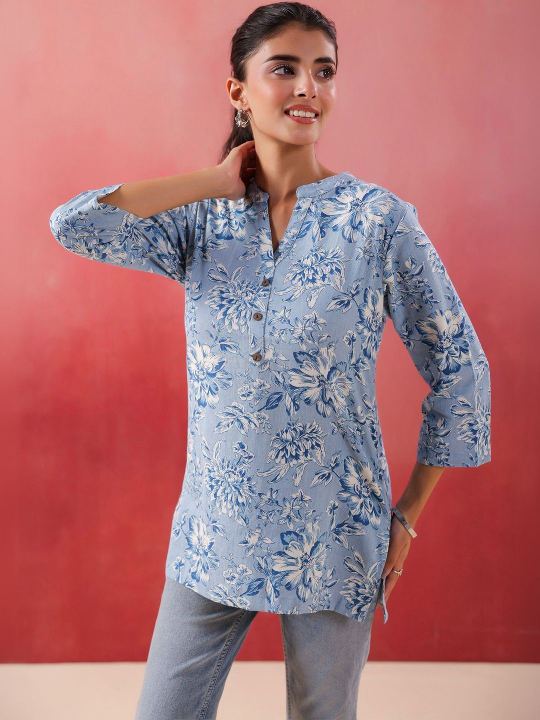 JISORA Flex Floral Mandarin Collar Top