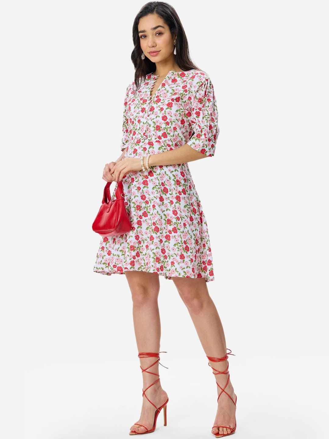 Virgio Women Floral Print Viscose Half Sleeves Round Neck Mini Dresses