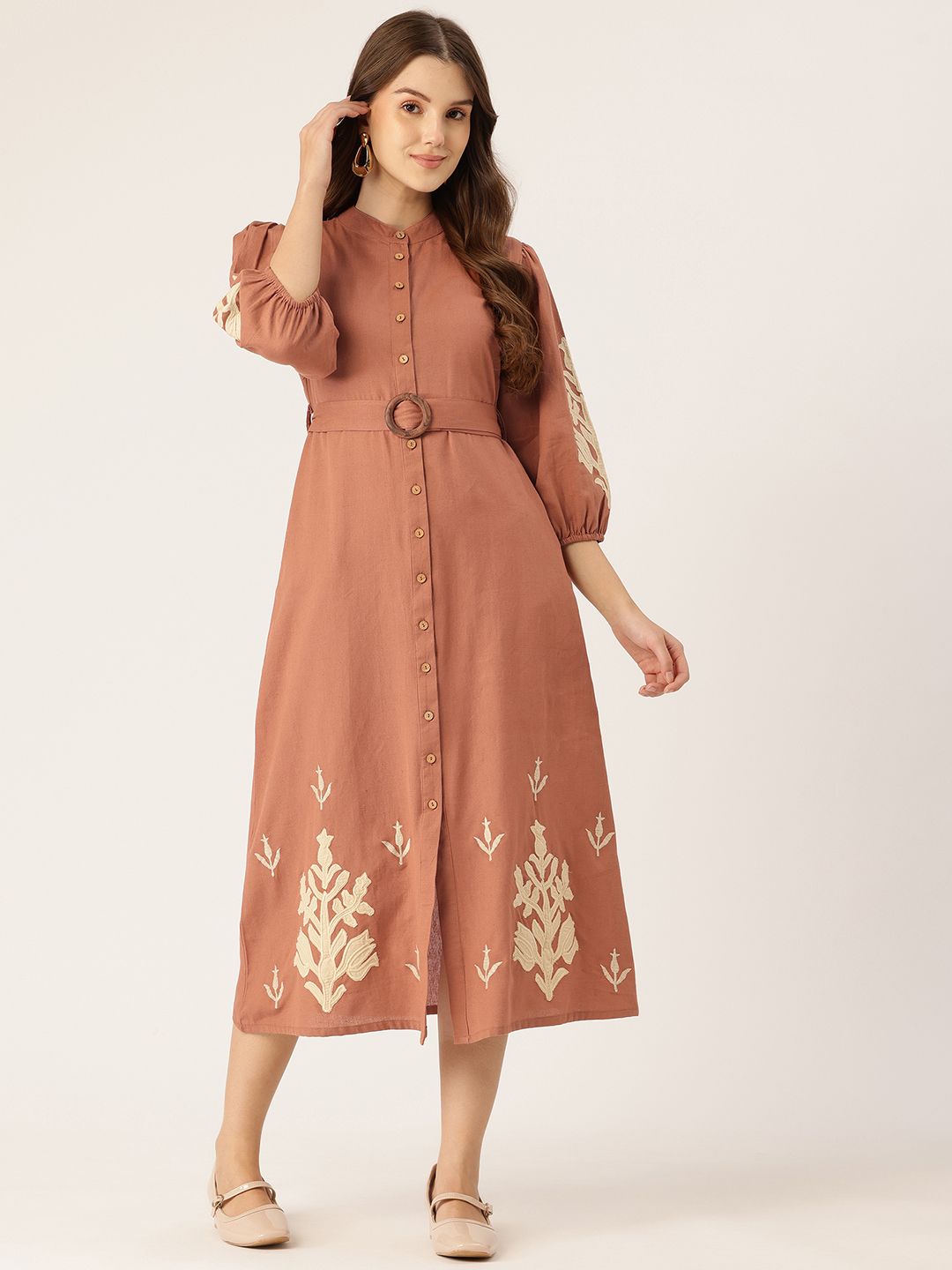 MISRI Floral Embroidered Puff Sleeve Applique Shirt Midi Dress