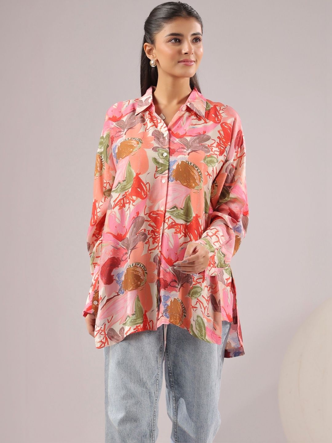 JISORA Multicoloured Muslin Floral Pure Silk Shirt Collar Cuffed Sleeves Top