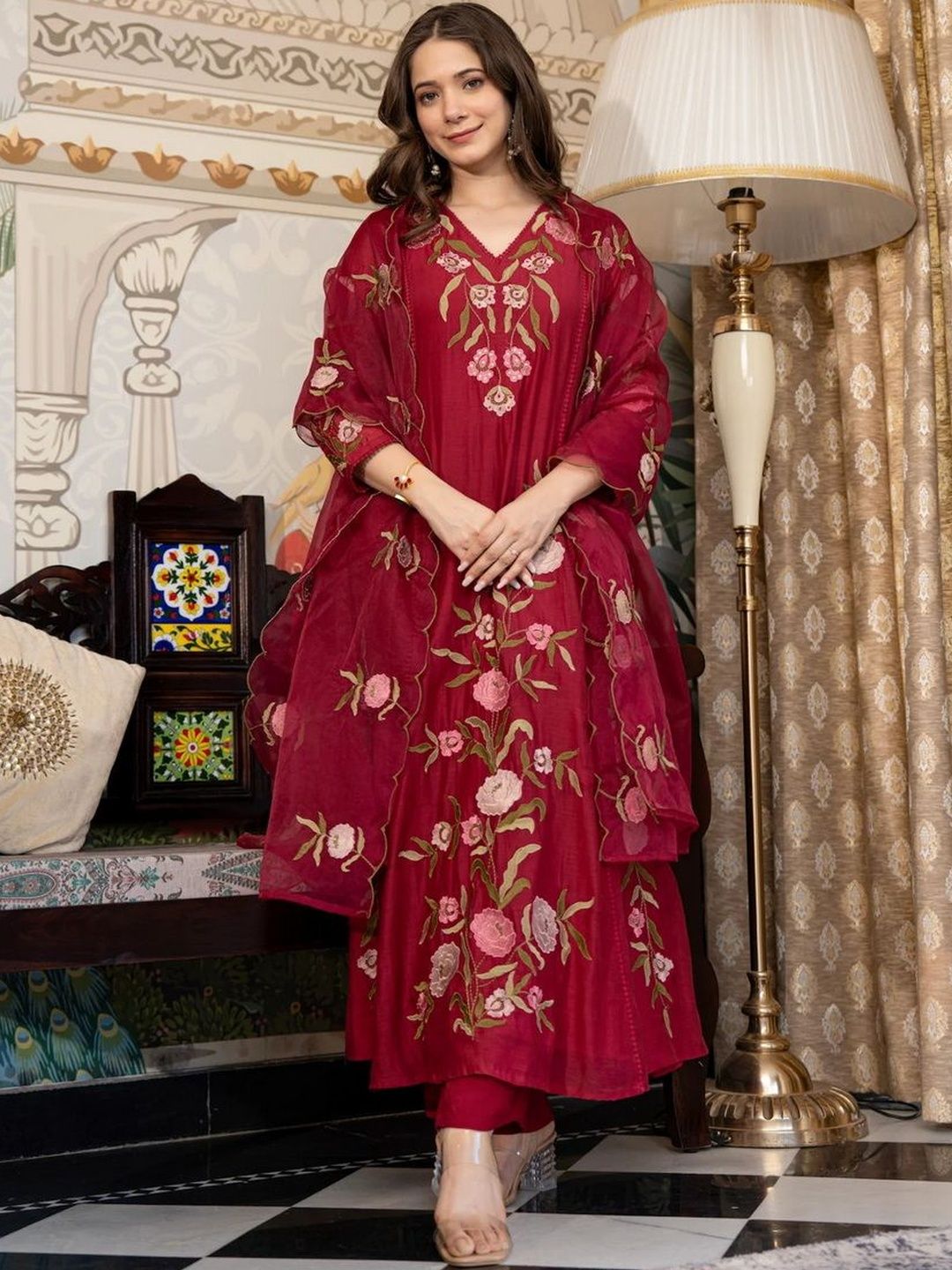 HERE&NOW Women Floral Embroidered Panelled Thread Work Chanderi Silk Kurta with Trousers & With Dupatta