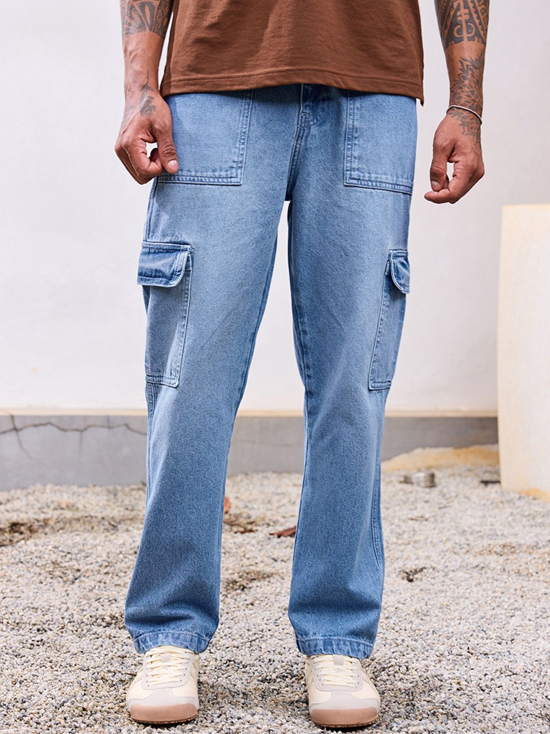 Bewakoof Men Blue Baggy Cargo Mid- Rise Jeans