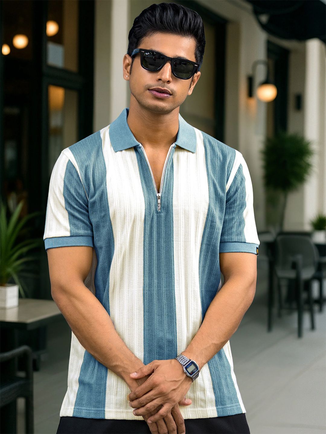 Maniac Men Bold Stripe Half Zipper Polo Neck Half Sleeve Tshirt
