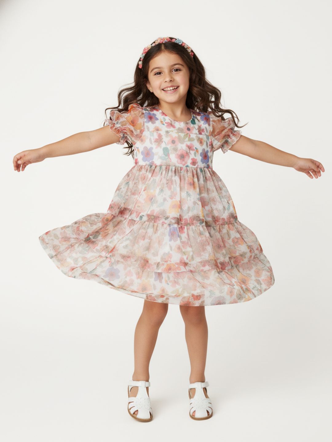 Nauti Nati Girls Floral Mesh Tiered Puff Sleeves Dress