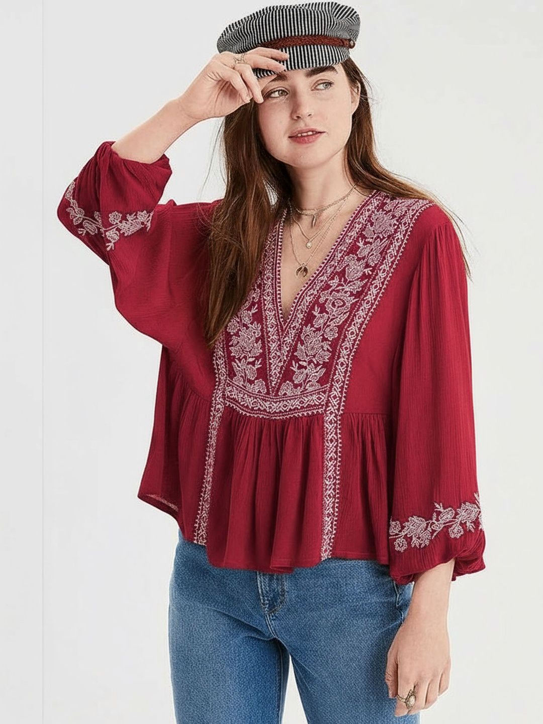Moda Rapido Embellished Embroidered Bohemian Peplum Top