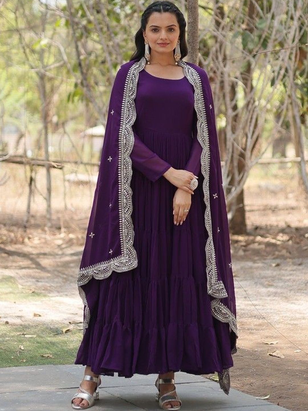 Livewear Long Sleeves Georgette Fit & Flare Dress With Dupatta