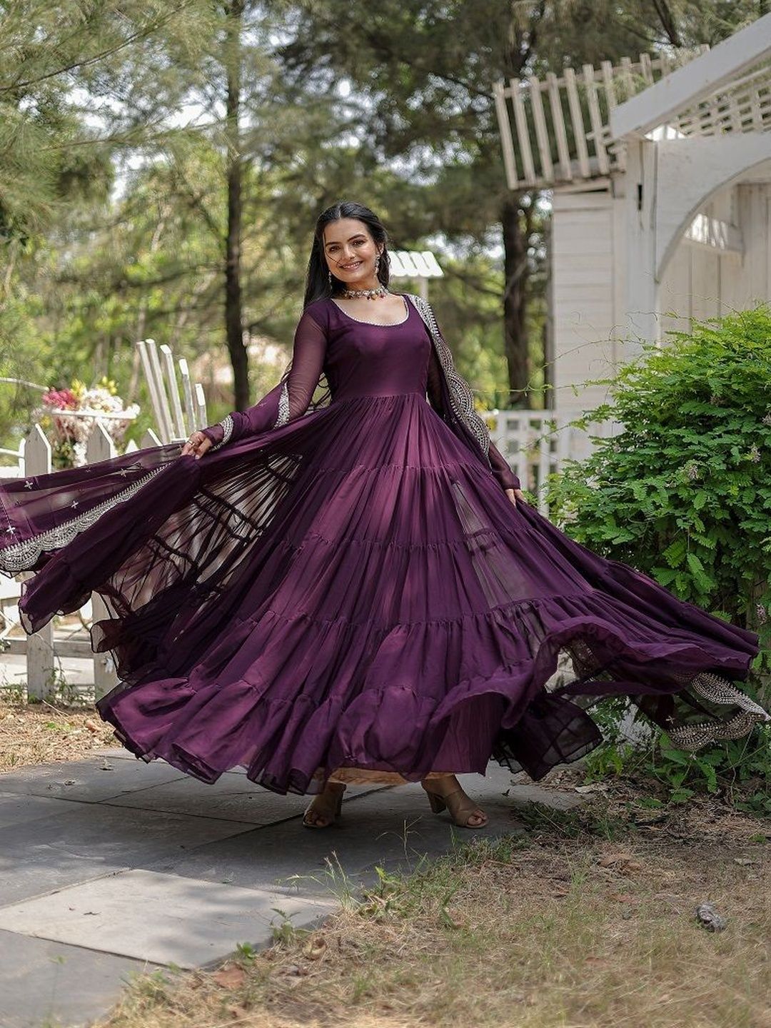 Livewear Long Sleeves Georgette Fit & Flare Dress With Dupatta