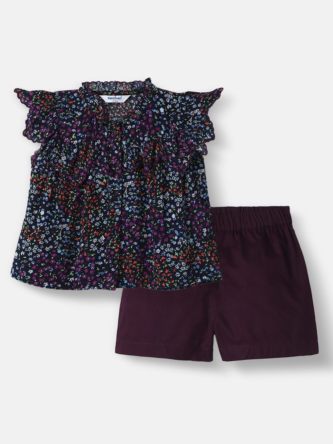 Girls Floral Printed Round Neck Top With Shorts Clothing Set